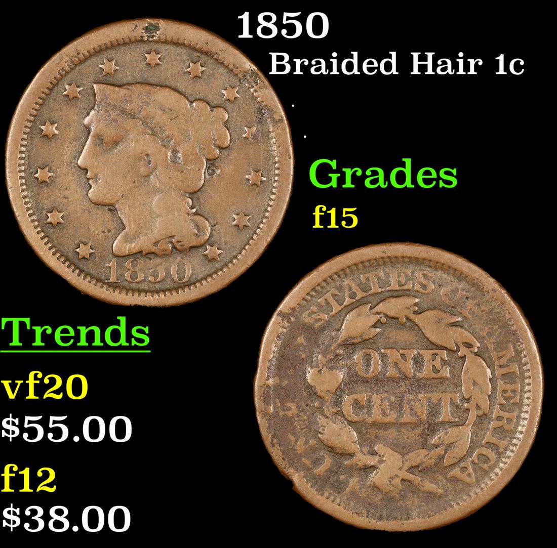 1850 Braided Hair Large Cent 1c Grades f+ (1 of 3)