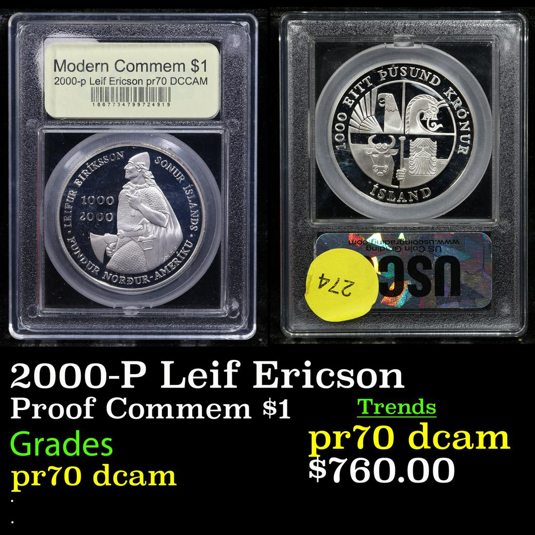 Proof 2000-P Leif Ericson Modern Commem Dollar $1 Graded GEM++ Proof Deep Cameo By USCG (1 of 3)