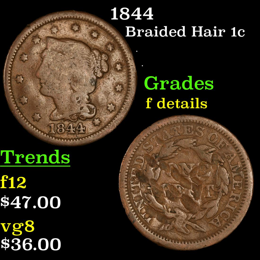 1844 Braided Hair Large Cent 1c Grades f details (1 of 3)