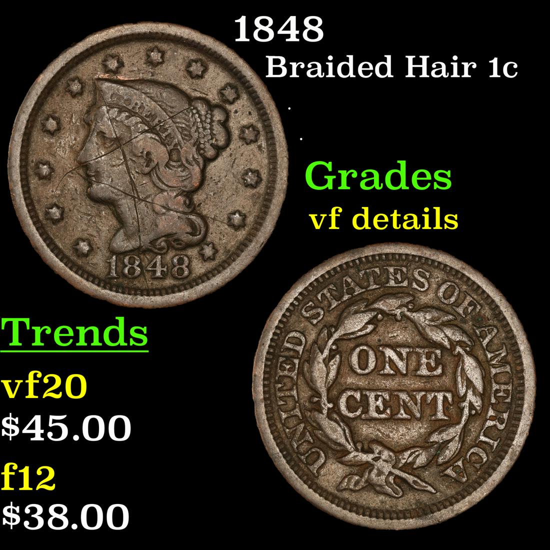 1848 Braided Hair Large Cent 1c Grades vf details (1 of 3)