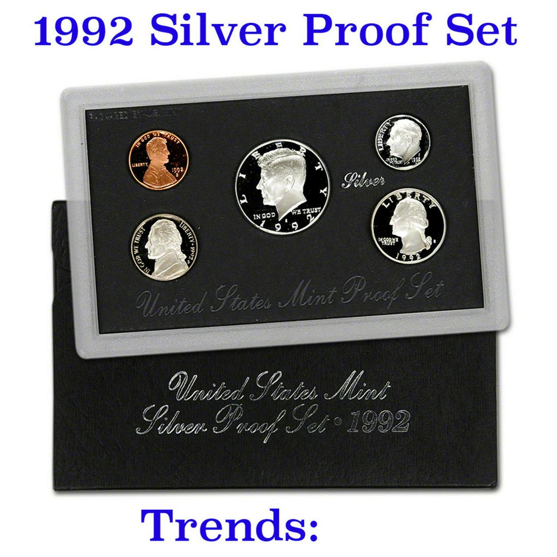 1992 United States Mint Silver Proof Set: 1992 United States Mint Silver Proof Set. This set contains a 90% silver Half Dollar, a 90% Silver Quarter and a 90% Silver Dime. Also all 5 pieces are Deep Cameo. (About .61 OZ of Pure Silver)