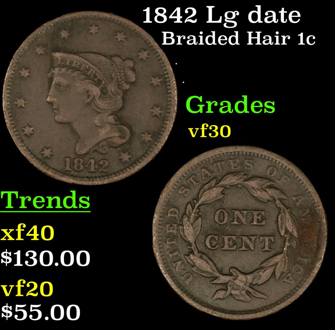 1842 Lg date Braided Hair Large Cent 1c Grades vf++ (1 of 3)