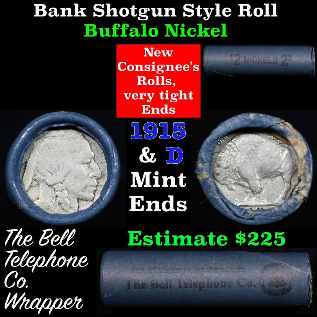 Buffalo Nickel Shotgun Roll in Old Bank Style 'Bell Telephone'  Wrapper 1915 & d Mint Ends (1 of 5)