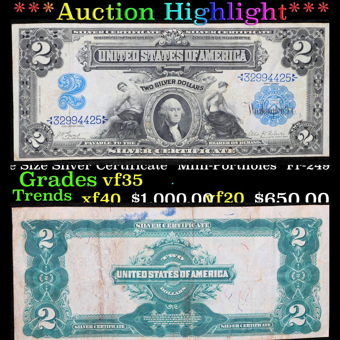 ***Auction Highlight*** 1899 $2 Large Size Silver Certificate "Mini-Portholes" Fr-249 Lyons-Roberts (1 of 3)