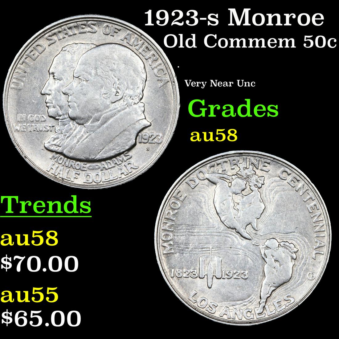 1923-s Monroe Old Commem Half Dollar 50c Grades Choice AU/BU Slider (1 of 3)