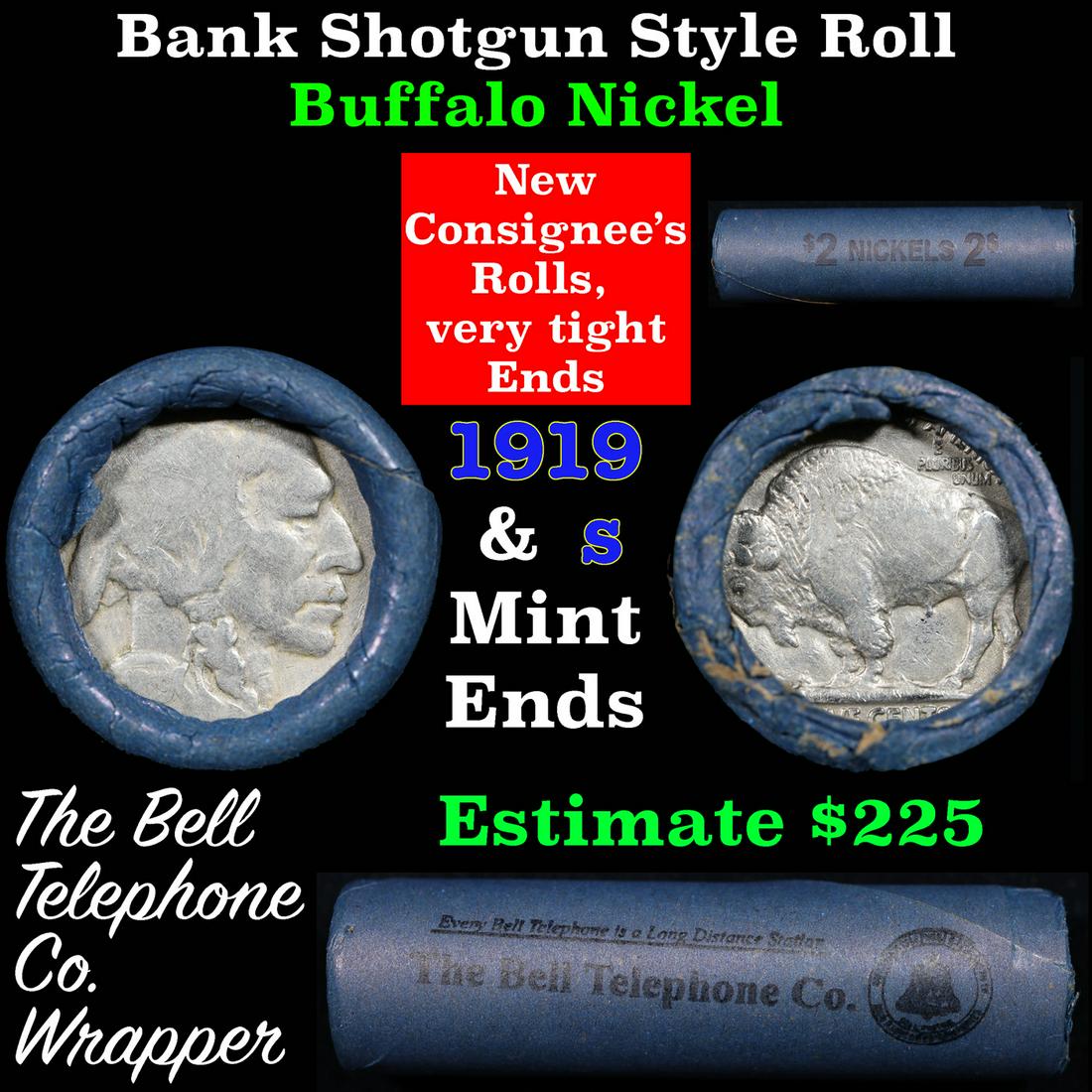 Buffalo Nickel Shotgun Roll in Old Bank Style 'Bell Telephone'  Wrapper 1919 & s Mint Ends (1 of 5)