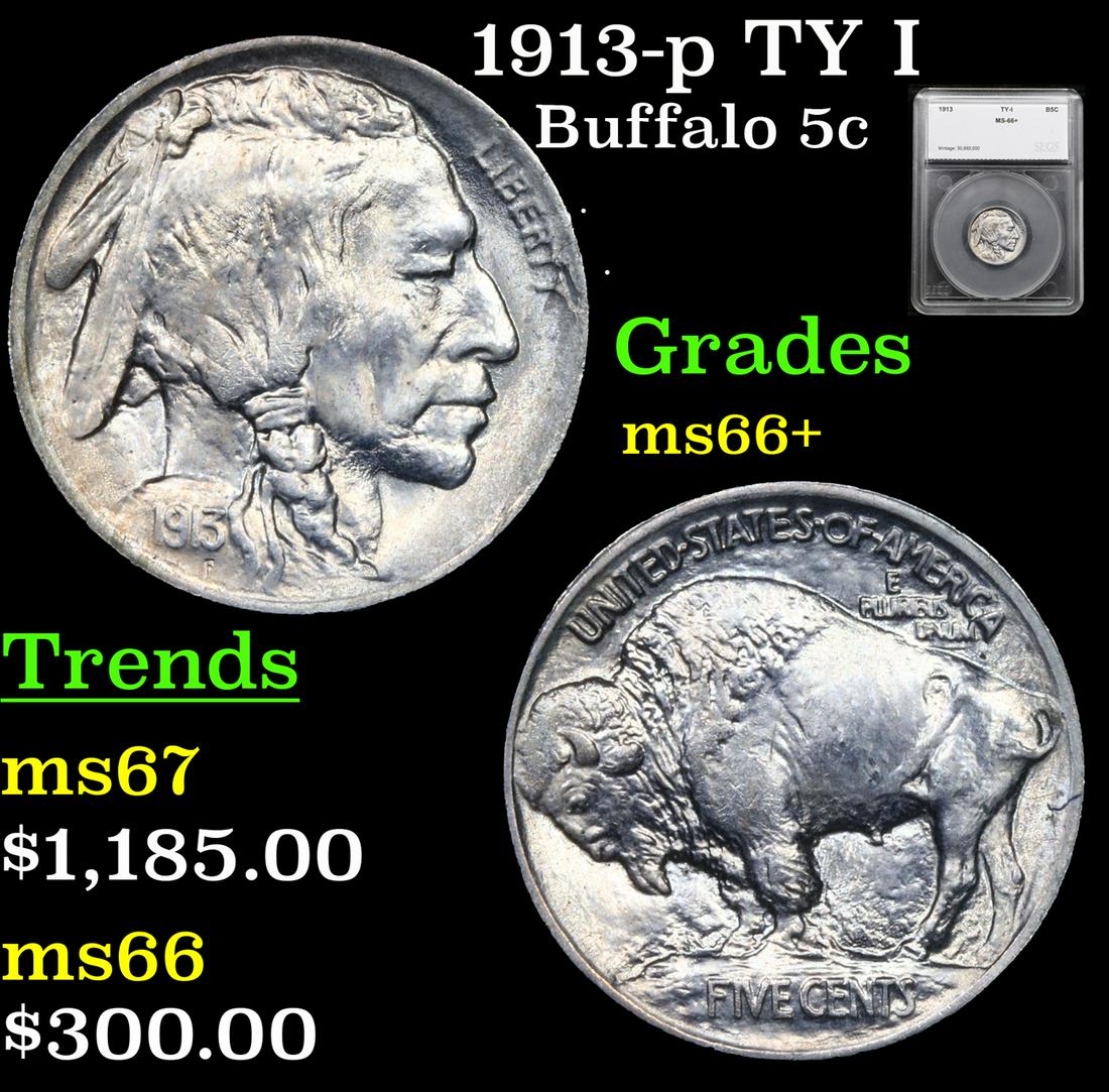 1913-p TY I Buffalo Nickel 5c Graded ms66+ By SEGS (1 of 5)