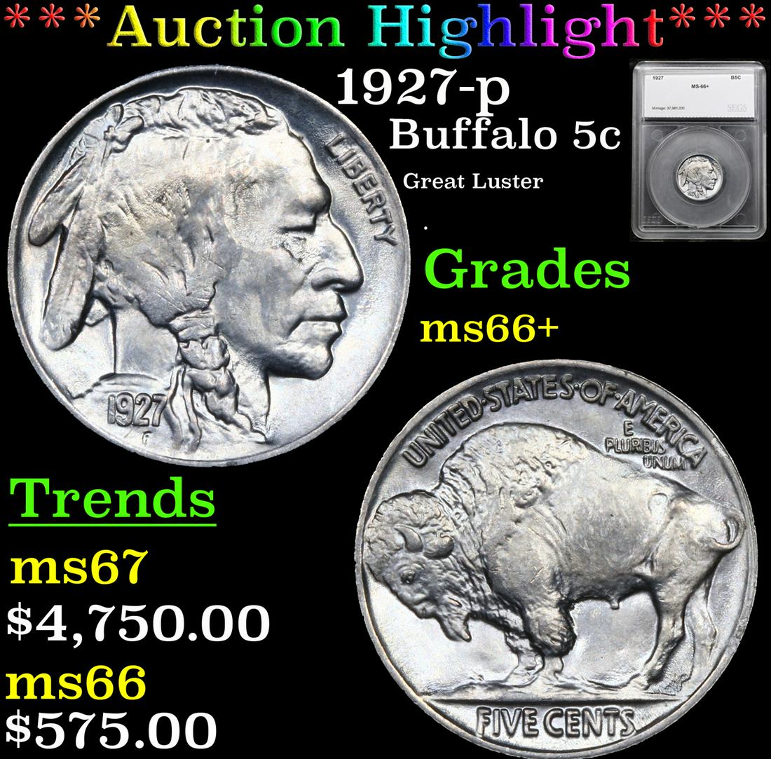 ***Auction Highlight*** 1927-p Buffalo Nickel 5c Graded ms66+ By SEGS (1 of 5)