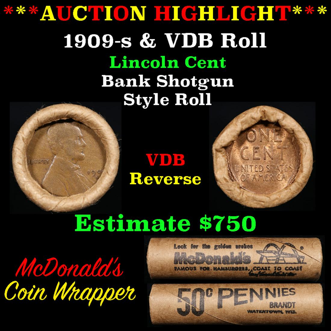 Lincoln Wheat cent 1c orig roll, 1909-s end, VDB other end (1 of 5)