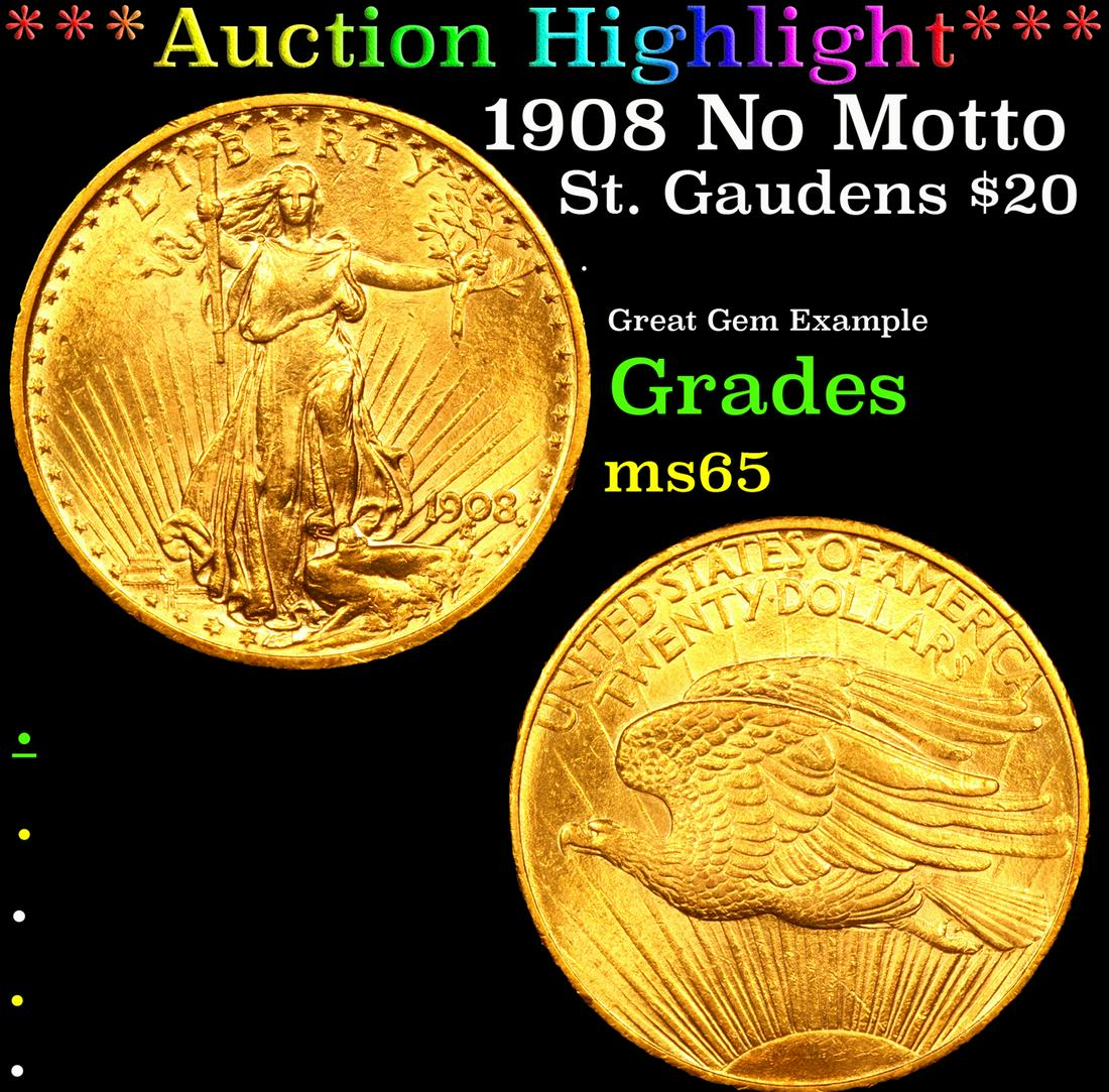 ***Auction Highlight*** 1908 No Motto Gold St. Gaudens Double Eagle $20 Graded ms65 By SEGS (1 of 5)