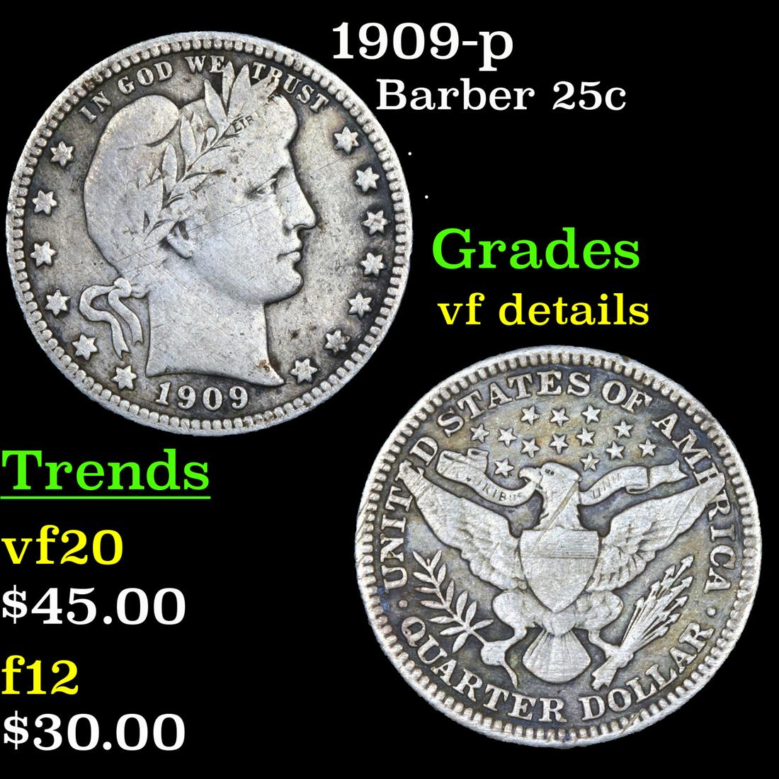 1909-p Barber Quarter 25c Grades vf details (1 of 3)