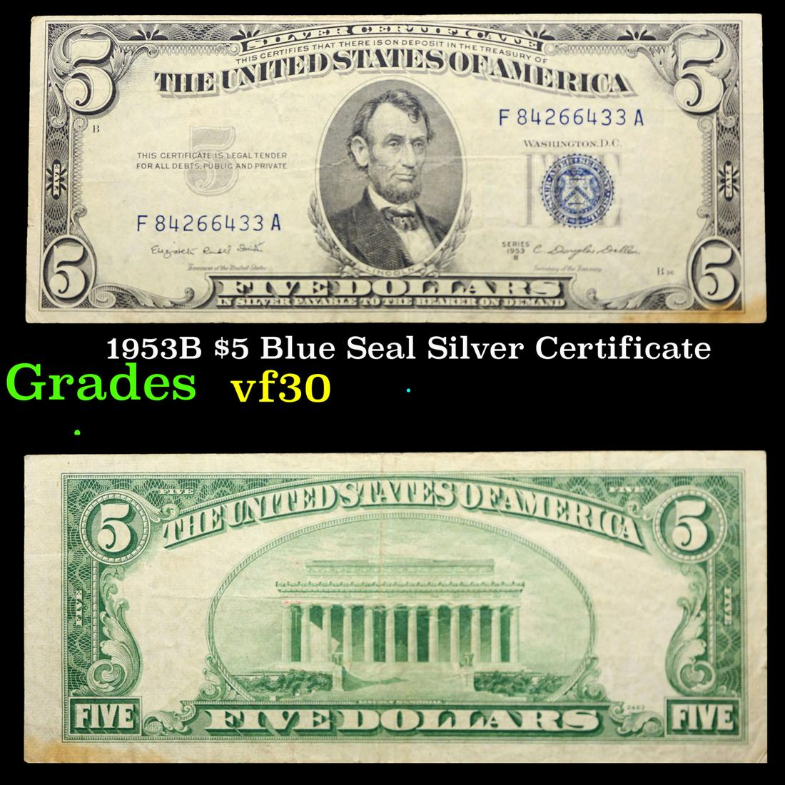 1953B $5 Blue Seal Silver Certificate Grades vf++ (1 of 3)
