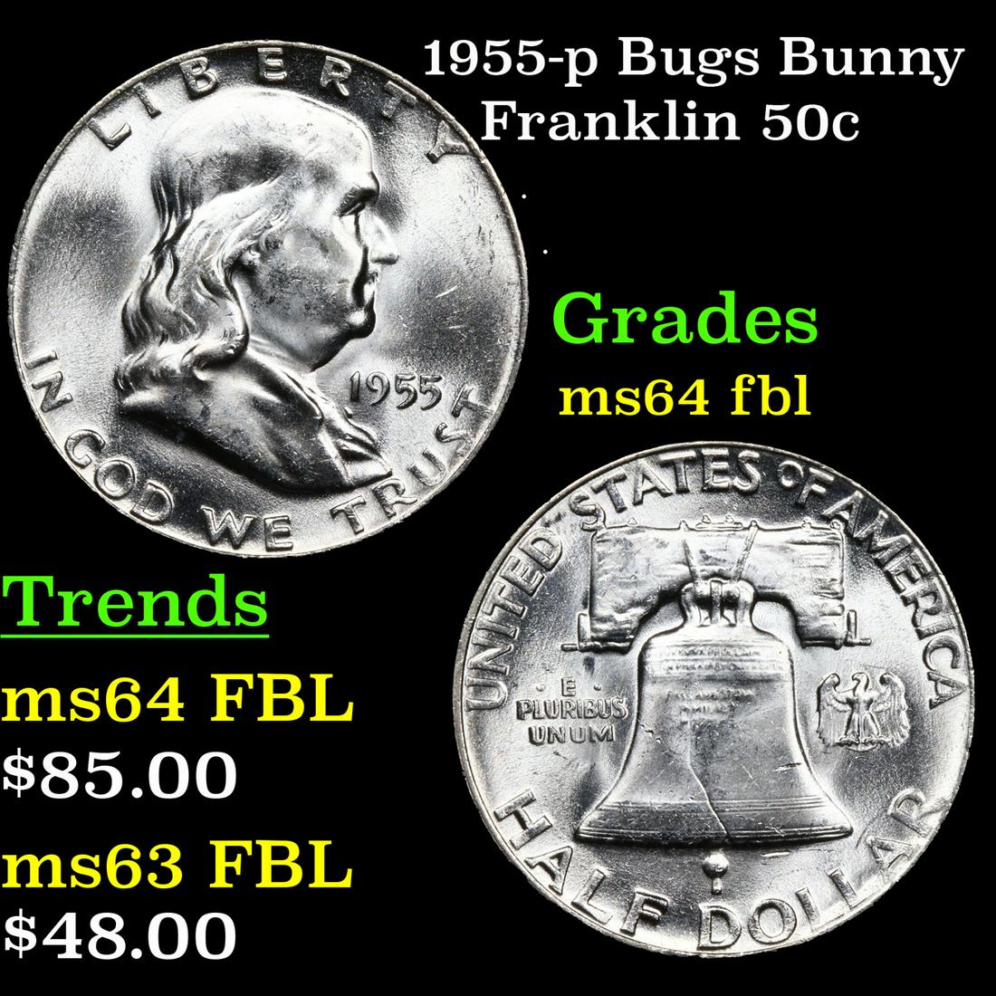 1955-p Bugs Bunny Franklin Half Dollar 50c Grades Choice Unc FBL (1 of 3)