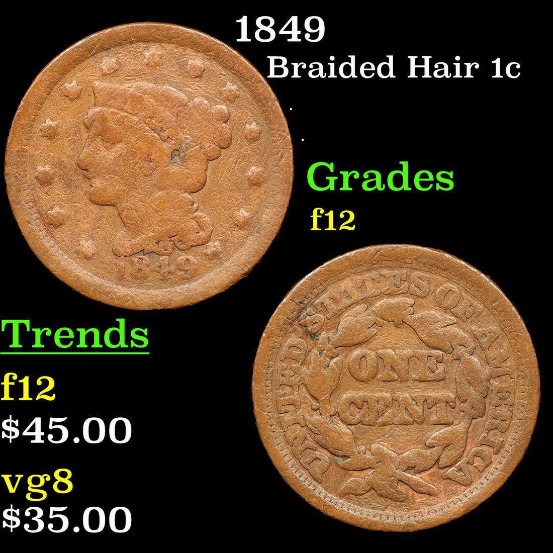 1849 Braided Hair Large Cent 1c Grades f, fine (1 of 3)