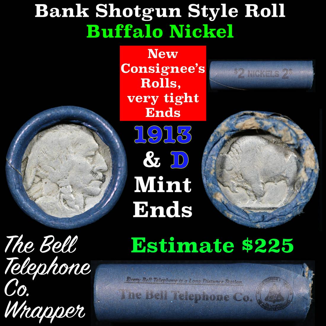 Buffalo Nickel Shotgun Roll in Old Bank Style 'Bell Telephone'  Wrapper 1913 & d Mint Ends (1 of 5)
