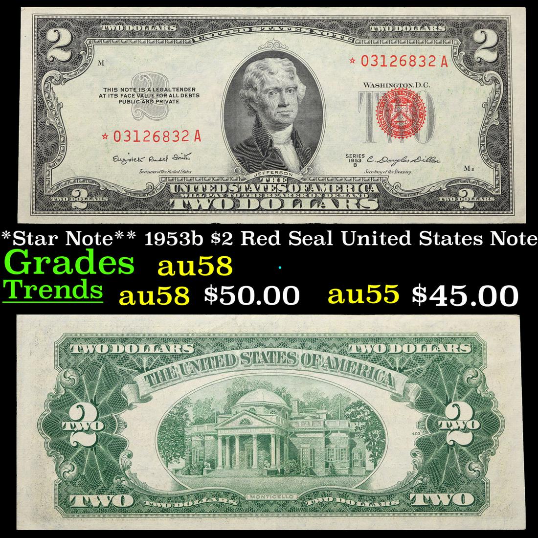 **Star Note** 1953b $2 Red Seal United States Note Grades Choice AU/BU Slider (1 of 3)