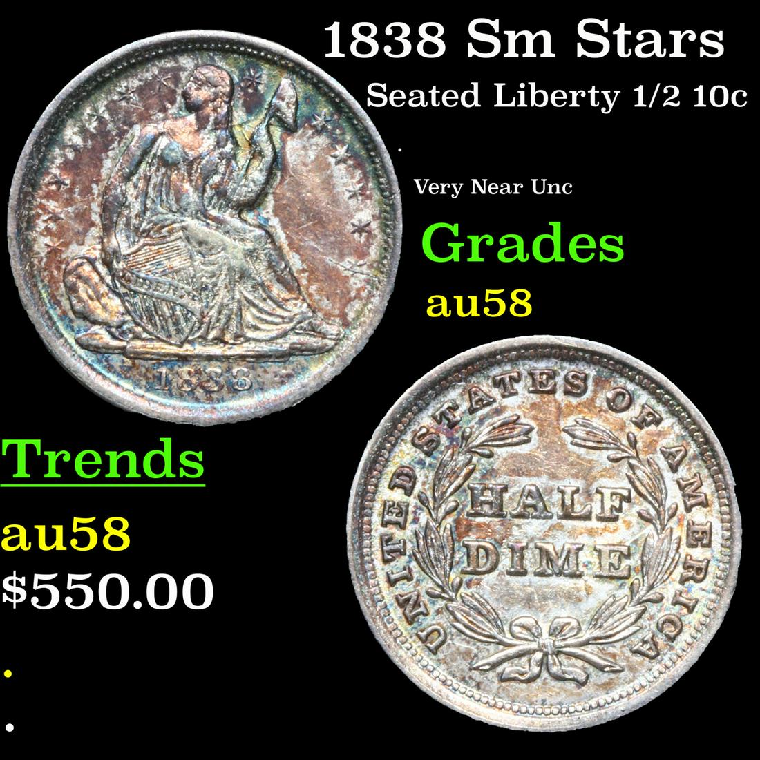 1838 Sm Stars Seated Liberty Half Dime 1/2 10c Grades Choice AU/BU Slider (1 of 3)
