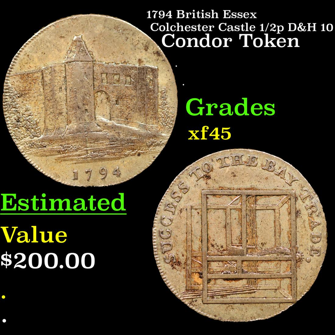 1794 British Essex Colchester Castle 1/2p D&H 10 Grades xf+: 1794 British Essex Colchester Castle 1/2p D&H 10 Grades xf+. ObverseA corner view facade (gateway beside tower) of Colchester Castle with trees either side, and date below. Beaded borderLettering: 179