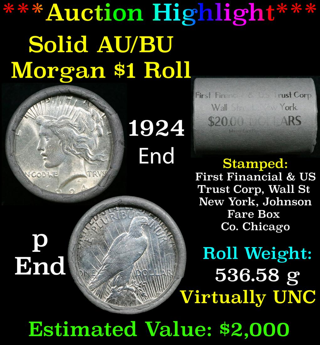 ***Auction Highlight*** Full solid  First Financial Peace silver dollar roll, 20 coin 1924 & 'P' (1 of 4)