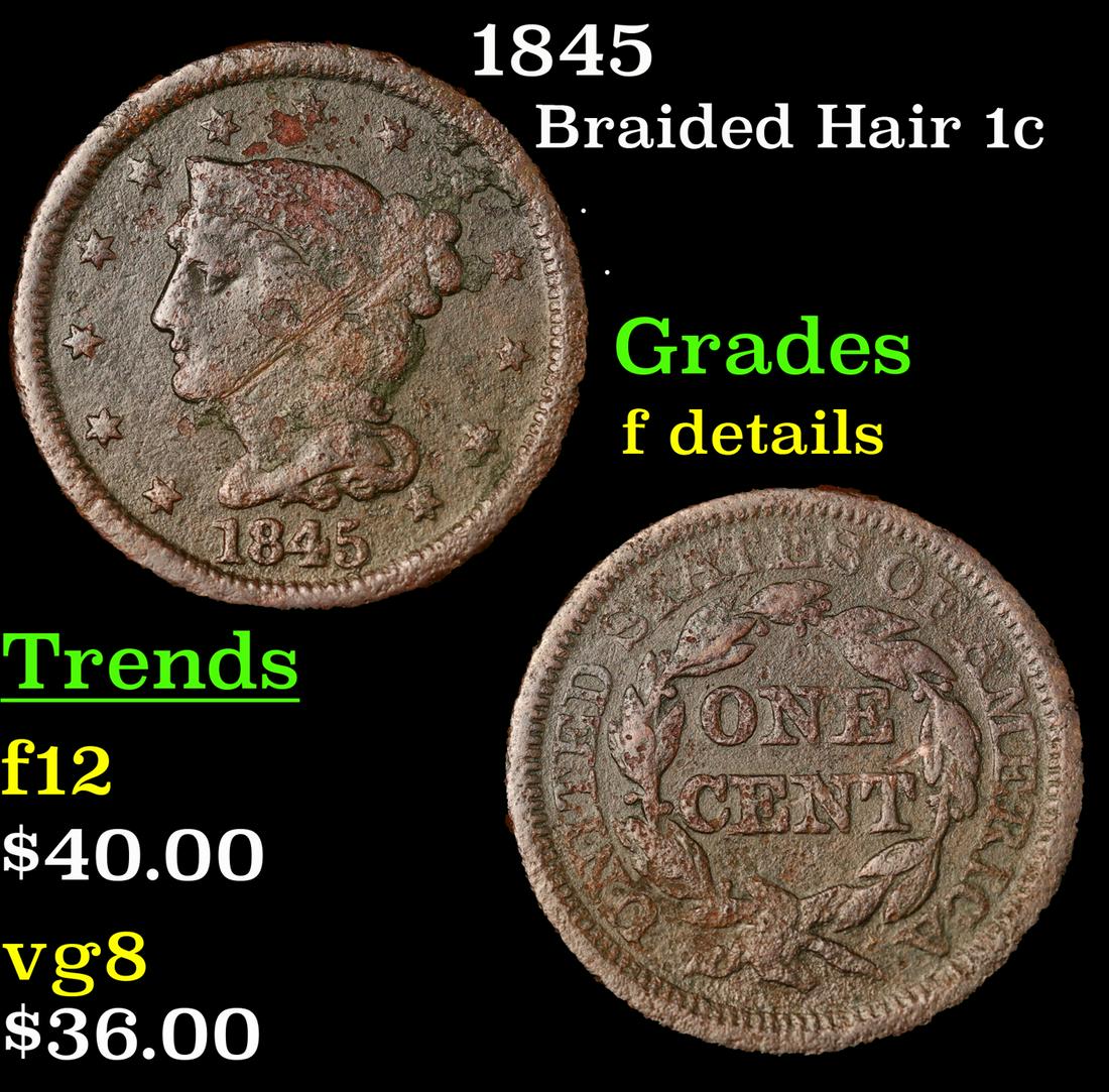 1845 Braided Hair Large Cent 1c Grades f details (1 of 3)