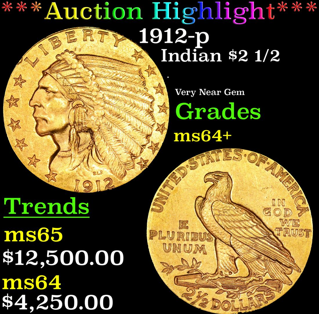 ***Auction Highlight*** 1912-p Gold Indian Quarter Eagle $2 1/2 Graded ms64+ By SEGS (fc) (1 of 5)