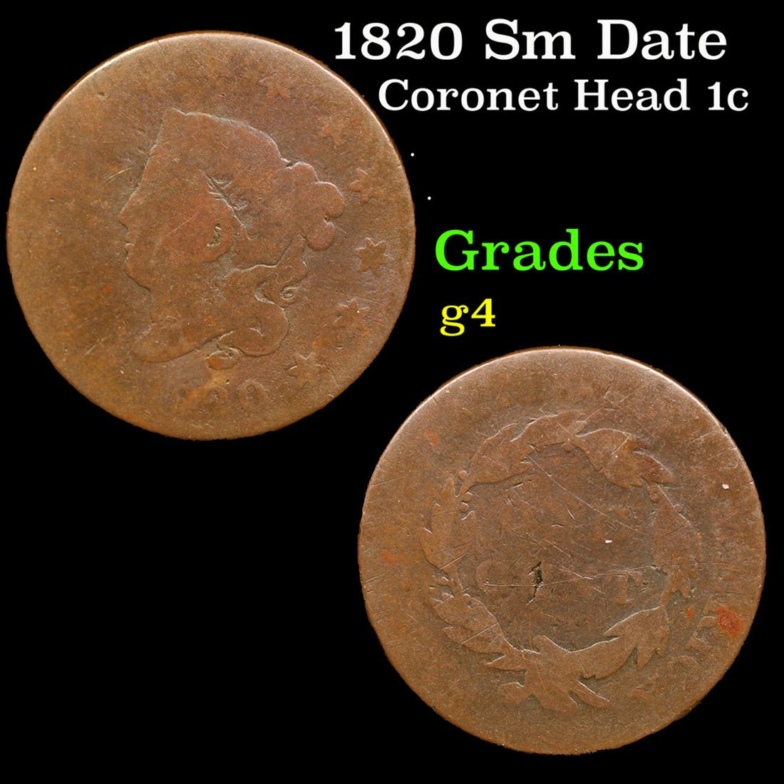 1820 Sm Date Coronet Head Large Cent 1c Grades g, good (1 of 3)