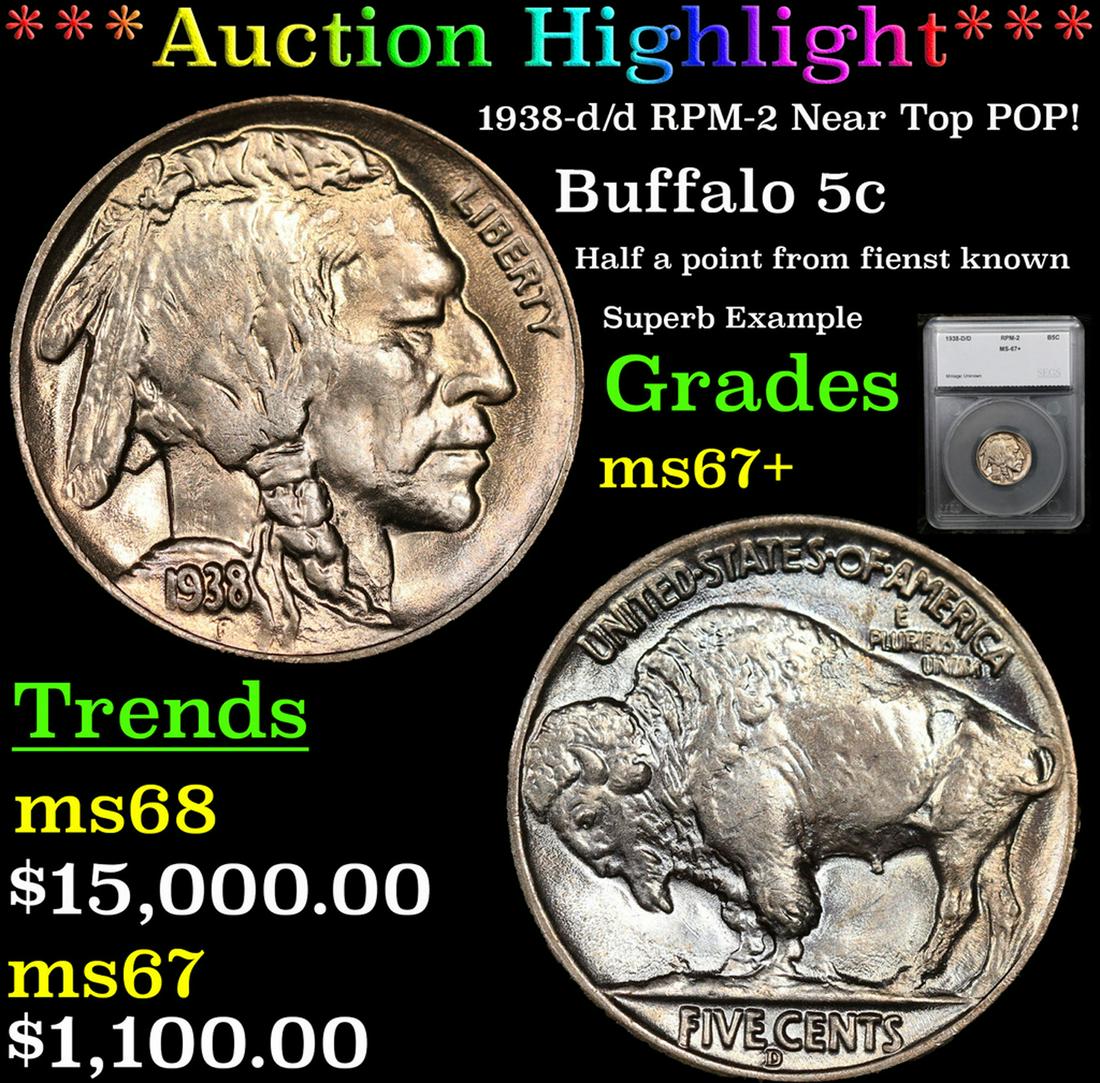 ***Auction Highlight*** 1938-d/d RPM-2 Buffalo Nickel Near Top POP! 5c Graded ms67+ By SEGS (fc) (1 of 5)