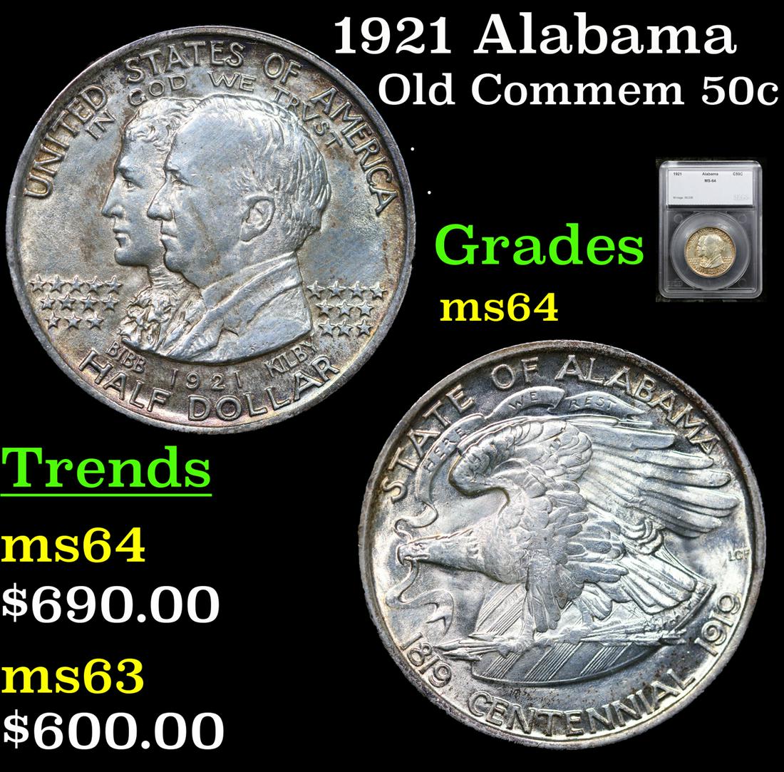 1921 Alabama Old Commem Half Dollar 50c Grades Choice Unc By SEGS: 1921 Alabama Old Commem Half Dollar 50c Grades Choice Unc By SEGS. This Coin was Largely Distributed to the Public and not to Collectors and saw Great Use during the Great Depression. Wear First Appea