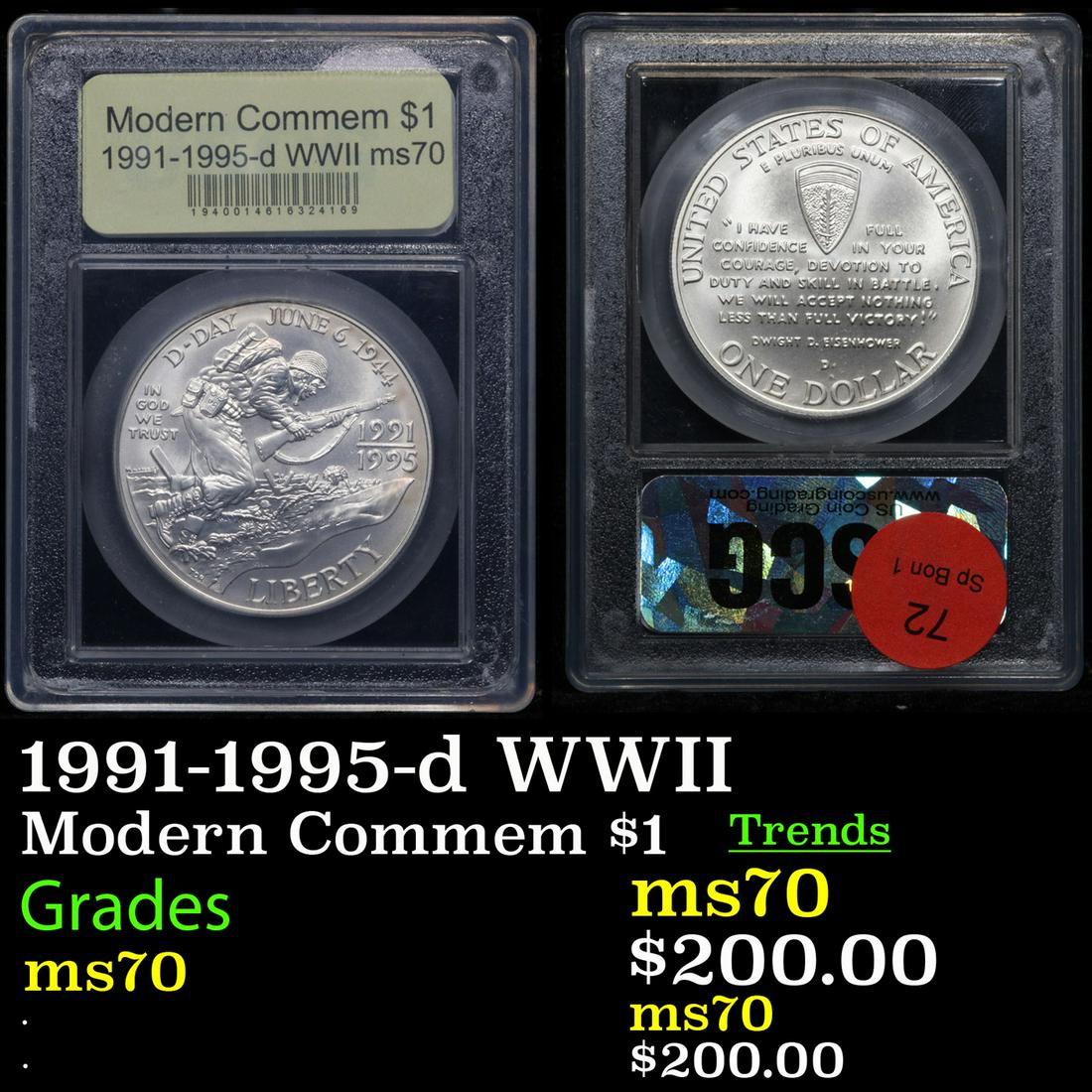 1991-1995-d WWII Modern Commem Dollar $1 Graded ms70, Perfection By USCG (1 of 3)
