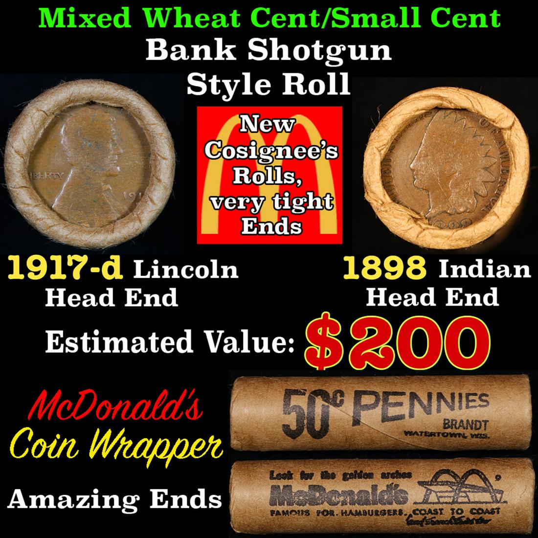 Mixed small cents 1c orig shotgun roll, 1917-d Wheat Cent, 1898 Indian Cent other end, McDonalds (1 of 5)