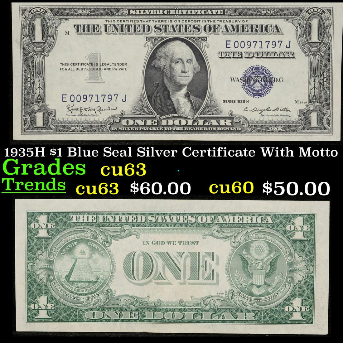 1935H $1 Blue Seal Silver Certificate With Motto Grades Select CU (1 of 3)
