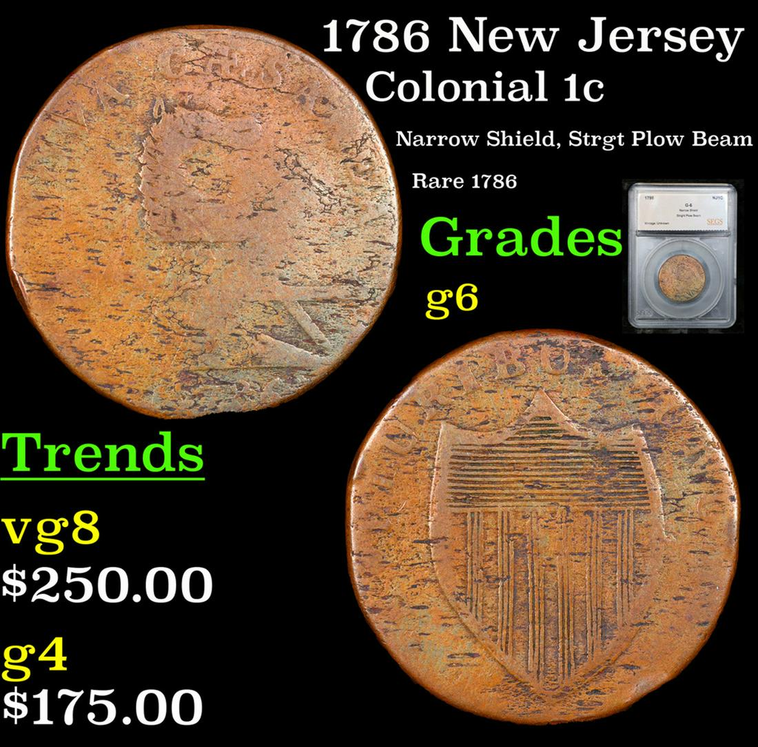 1786 New Jersey Colonial Cent 1c Graded g6 By SEGS (1 of 5)