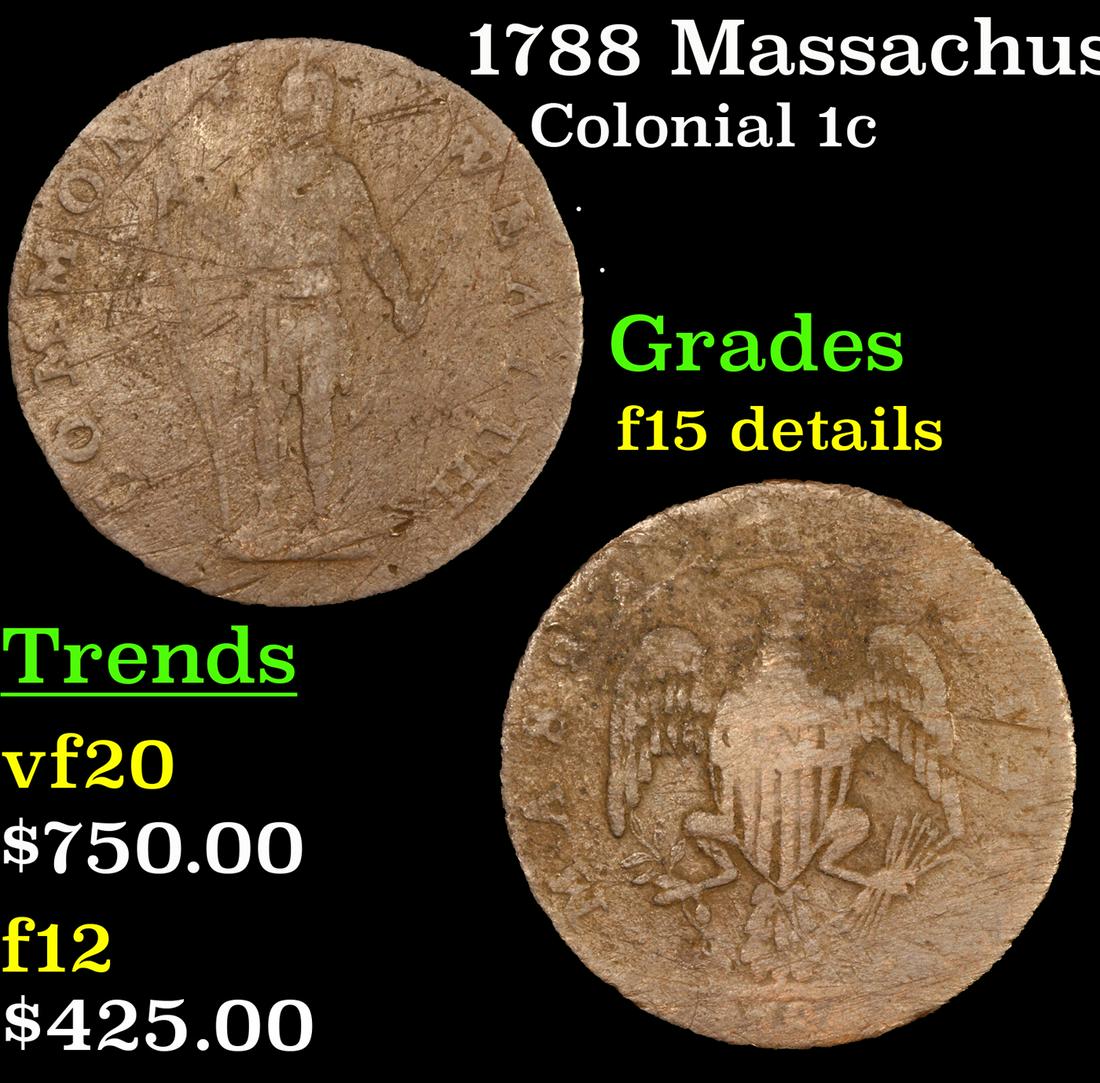 1788 Massachusetts Colonial Cent Period 1c Graded f15 details By SEGS (1 of 5)