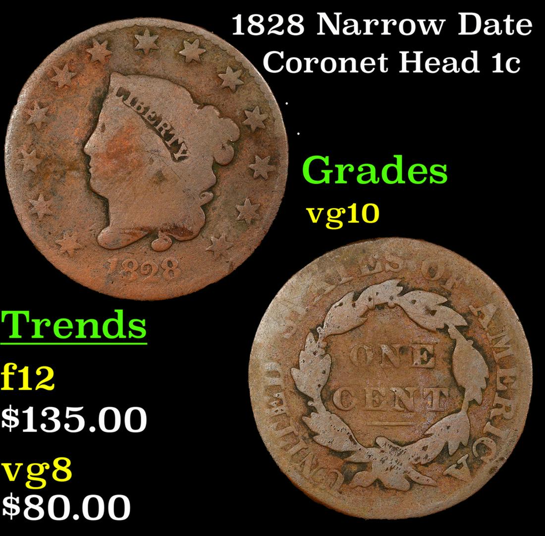 1828 Coronet Head Large Cent Narrow Date 1c Grades vg+ (1 of 3)