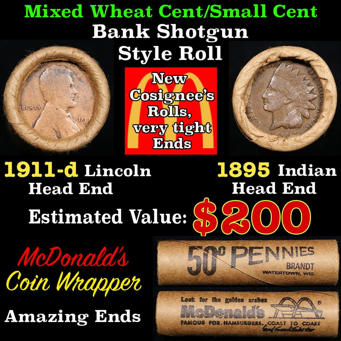 Mixed small cents 1c orig shotgun roll, 1911-d Wheat Cent, 1895 Indian Cent other end, McDonalds (1 of 5)