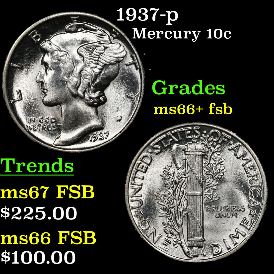 1937-p Mercury Dime 10c Grades GEM++ FSB (1 of 3)