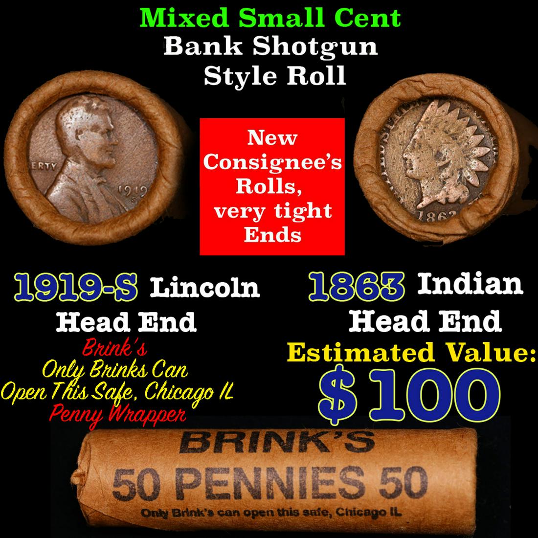 Mixed small cents 1c orig shotgun roll, 1919-s Wheat Cent, 1863 Indian Cent other end, brinks (1 of 4)