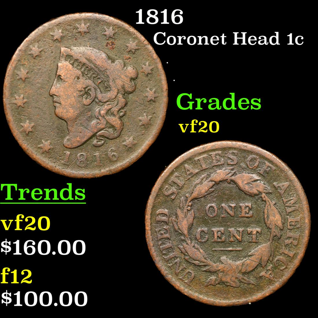 1816 Coronet Head Large Cent 1c Grades vf, very fine (1 of 3)