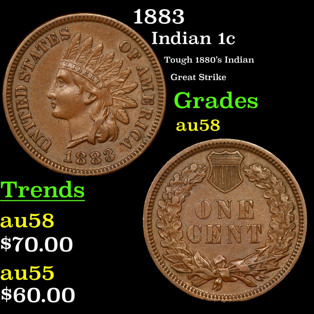 1883 Indian Cent 1c Grades Choice AU/BU Slider (1 of 3)