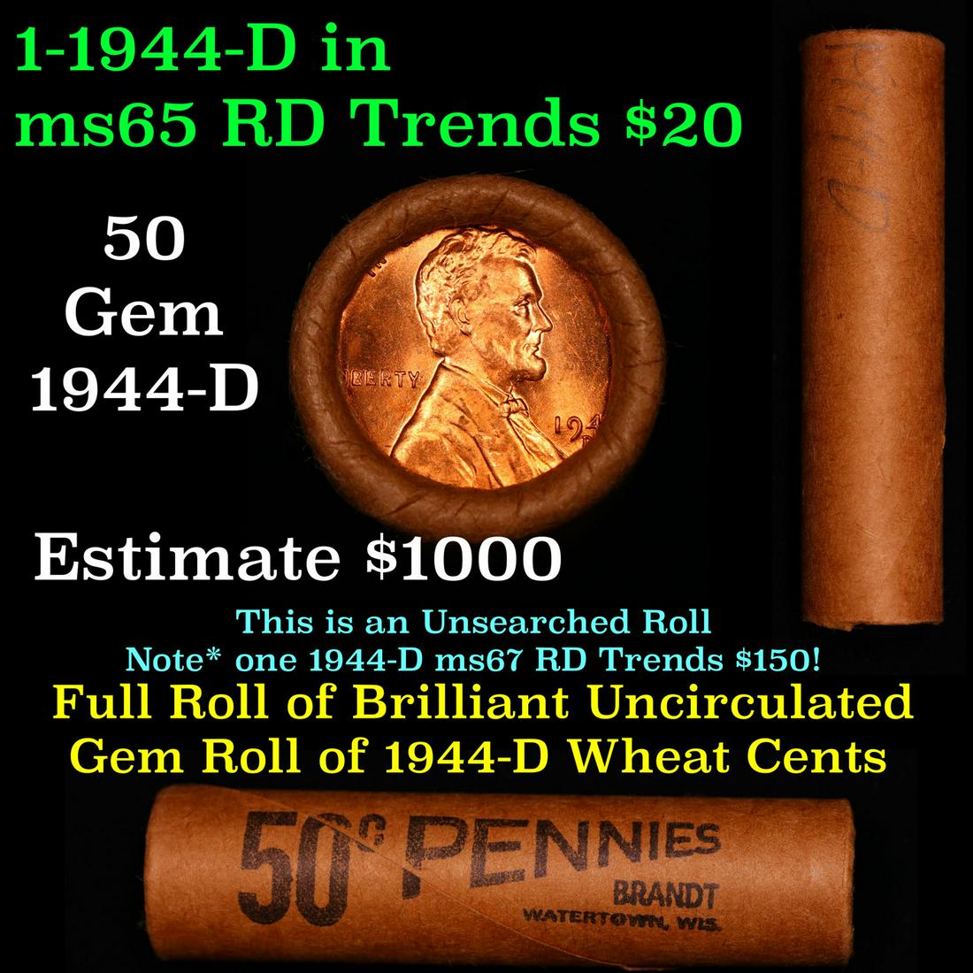 Shotgun Lincoln 1c roll, 1944-d 50 pcs Brandt Wrapper (1 of 4)