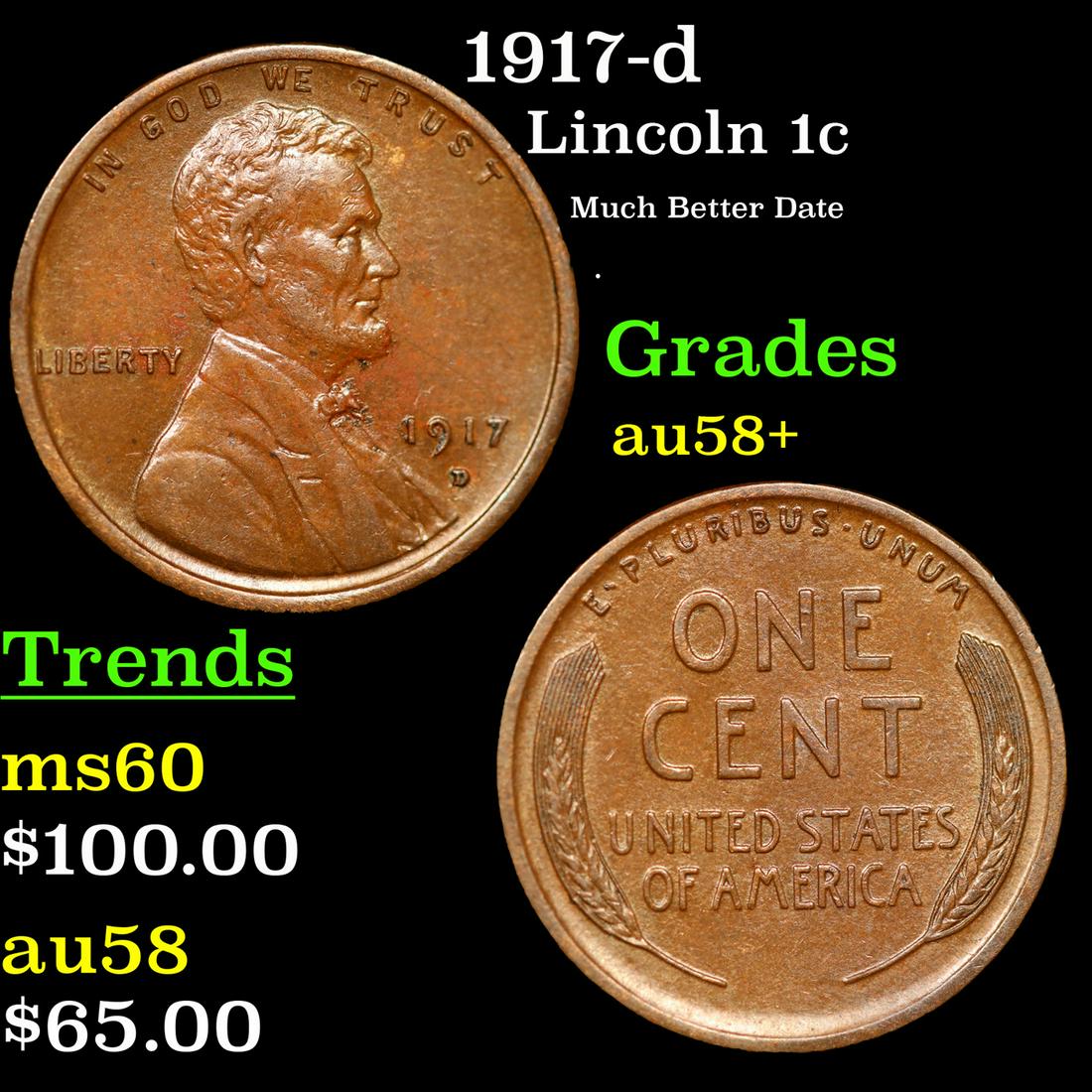 1917-d Lincoln Cent 1c Grades Choice AU/BU Slider+ (1 of 3)