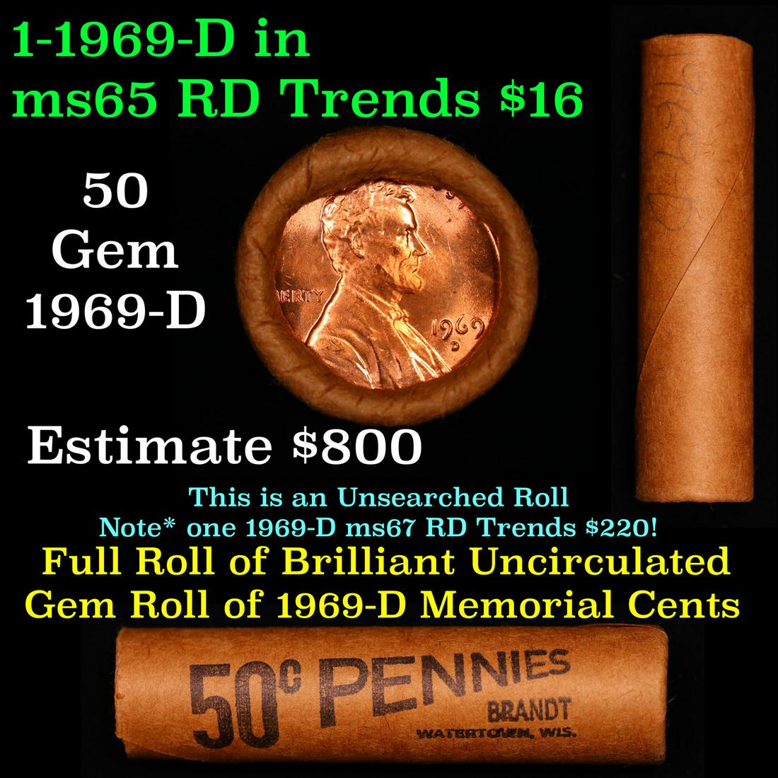 Shotgun Lincoln 1c roll, 1969-d 50 pcs Brandt Wrapper: Shotgun Lincoln 1c roll, 1969-d 50 pcs Brandt Wrapper . A terrific Shotgun roll of Lincoln cents. All coins cherry red. Trends ms65 rd $16