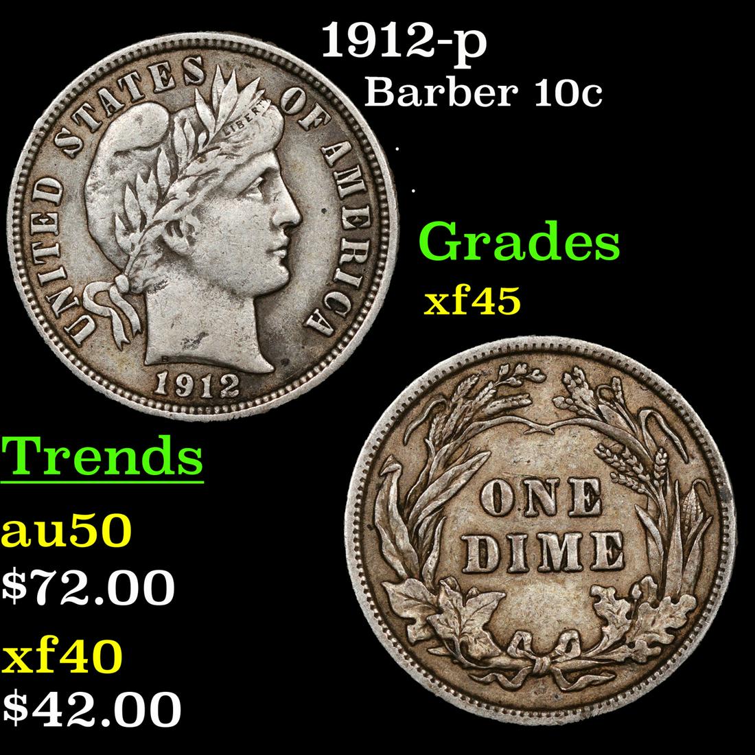 1912-p Barber Dime 10c Grades xf+ (1 of 3)