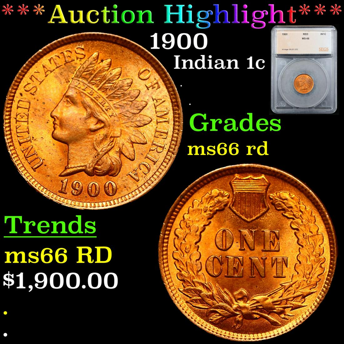 ***Auction Highlight*** 1900 Indian Cent 1c Graded ms66 rd By SEGS (fc) (1 of 5)