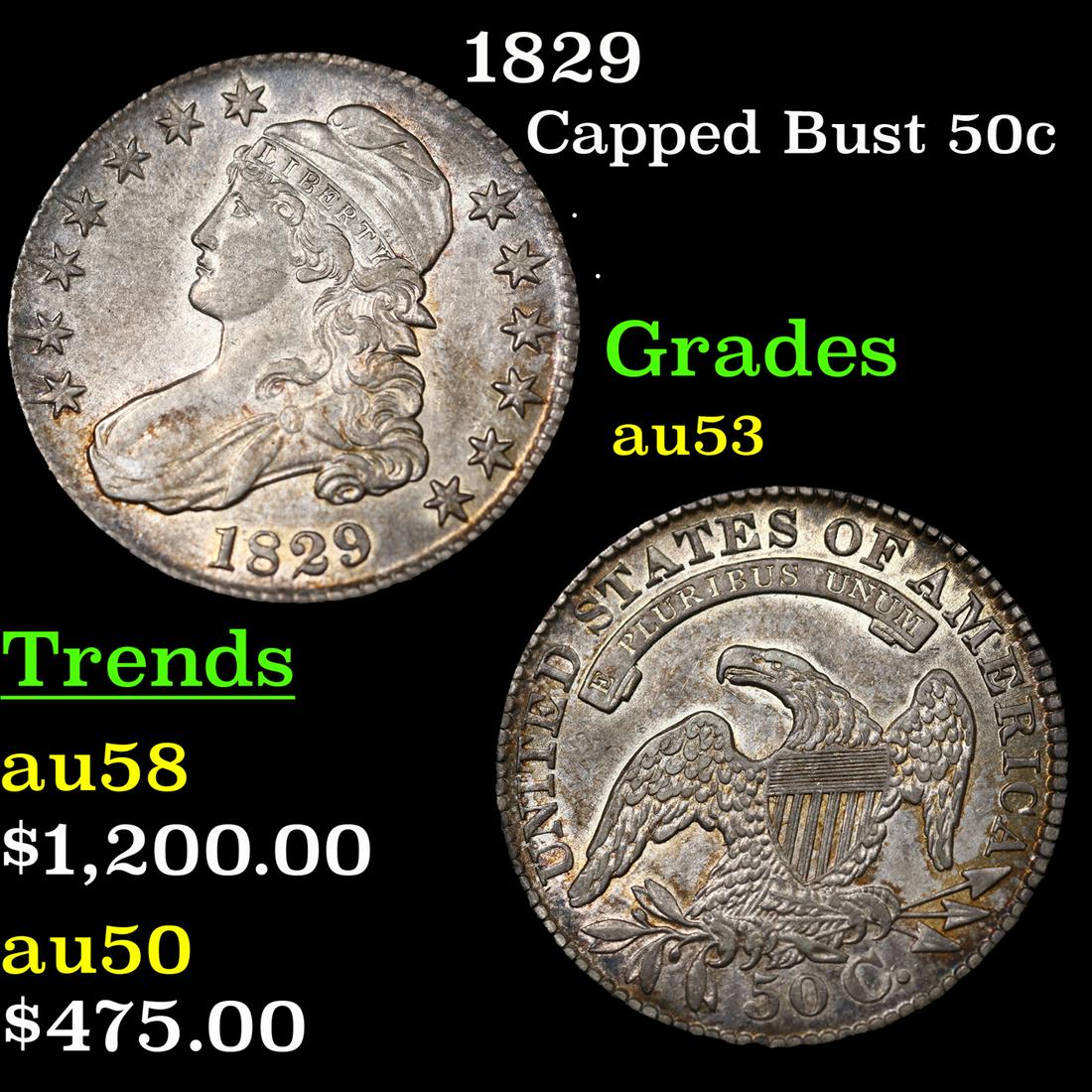 1829 Capped Bust Half Dollar 50c Graded au53 By SEGS (1 of 5)