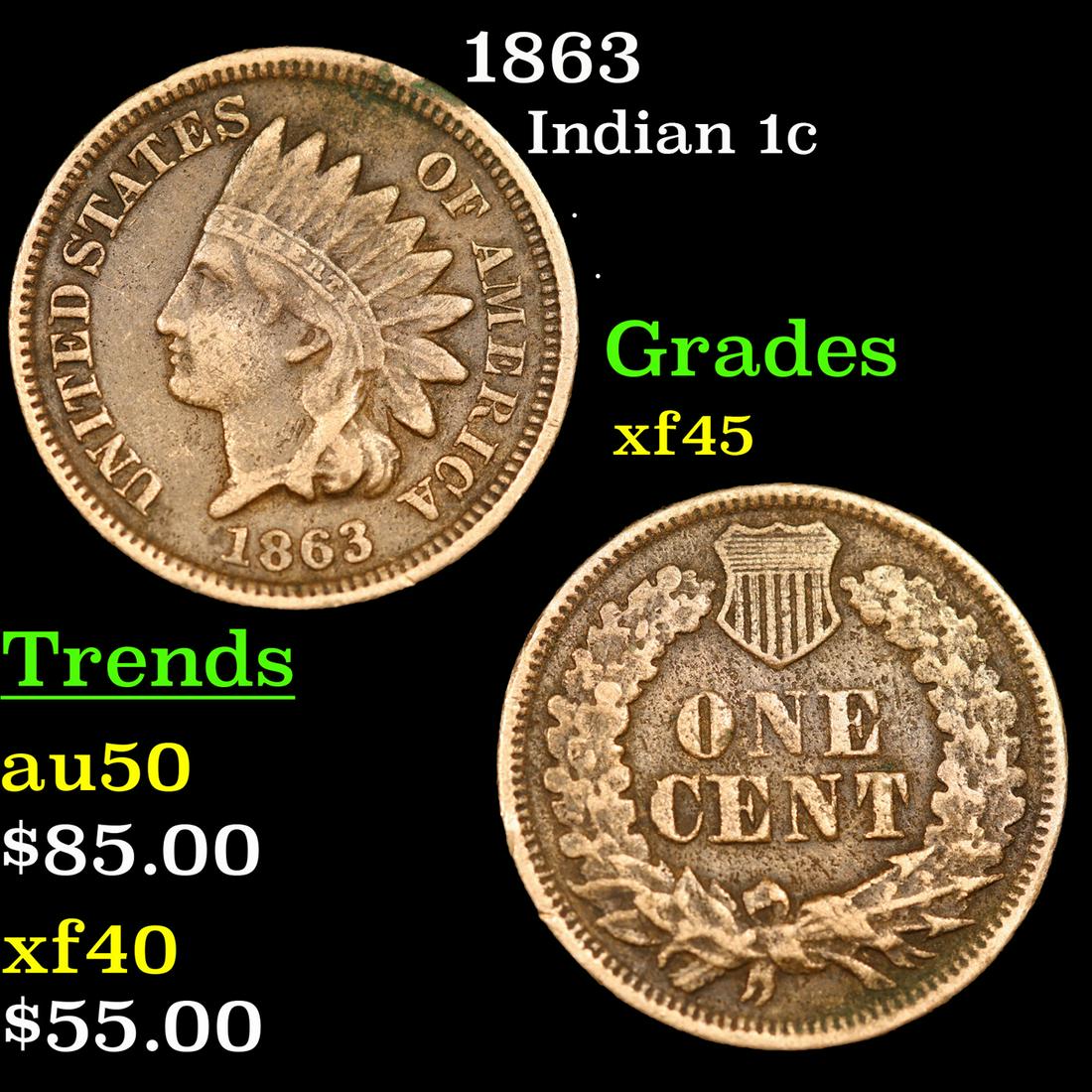 1863 Indian Cent 1c Grades xf+ (1 of 3)