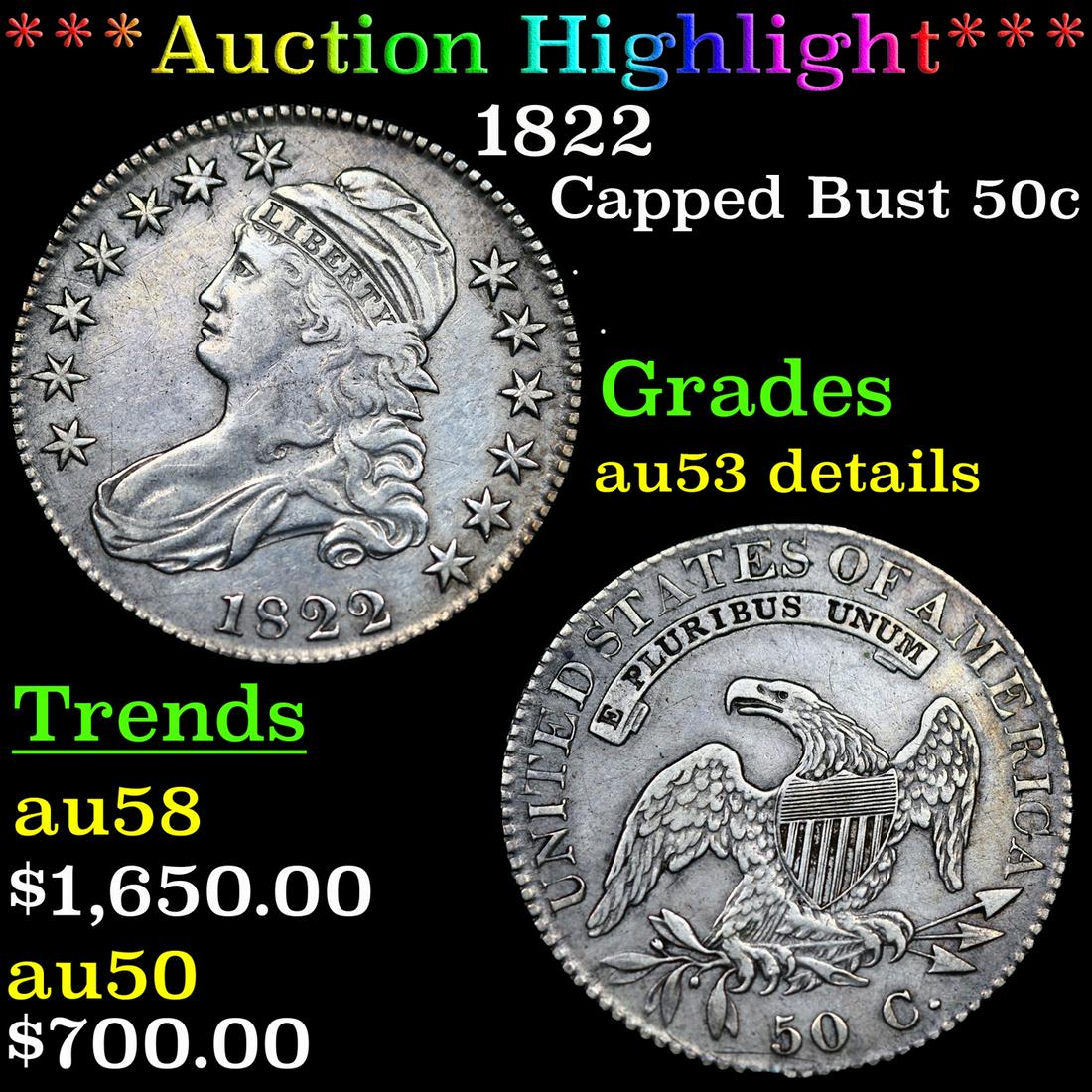 ***Auction Highlight*** 1822 Capped Bust Half Dollar 50c Graded au53 details By SEGS (fc) (1 of 5)