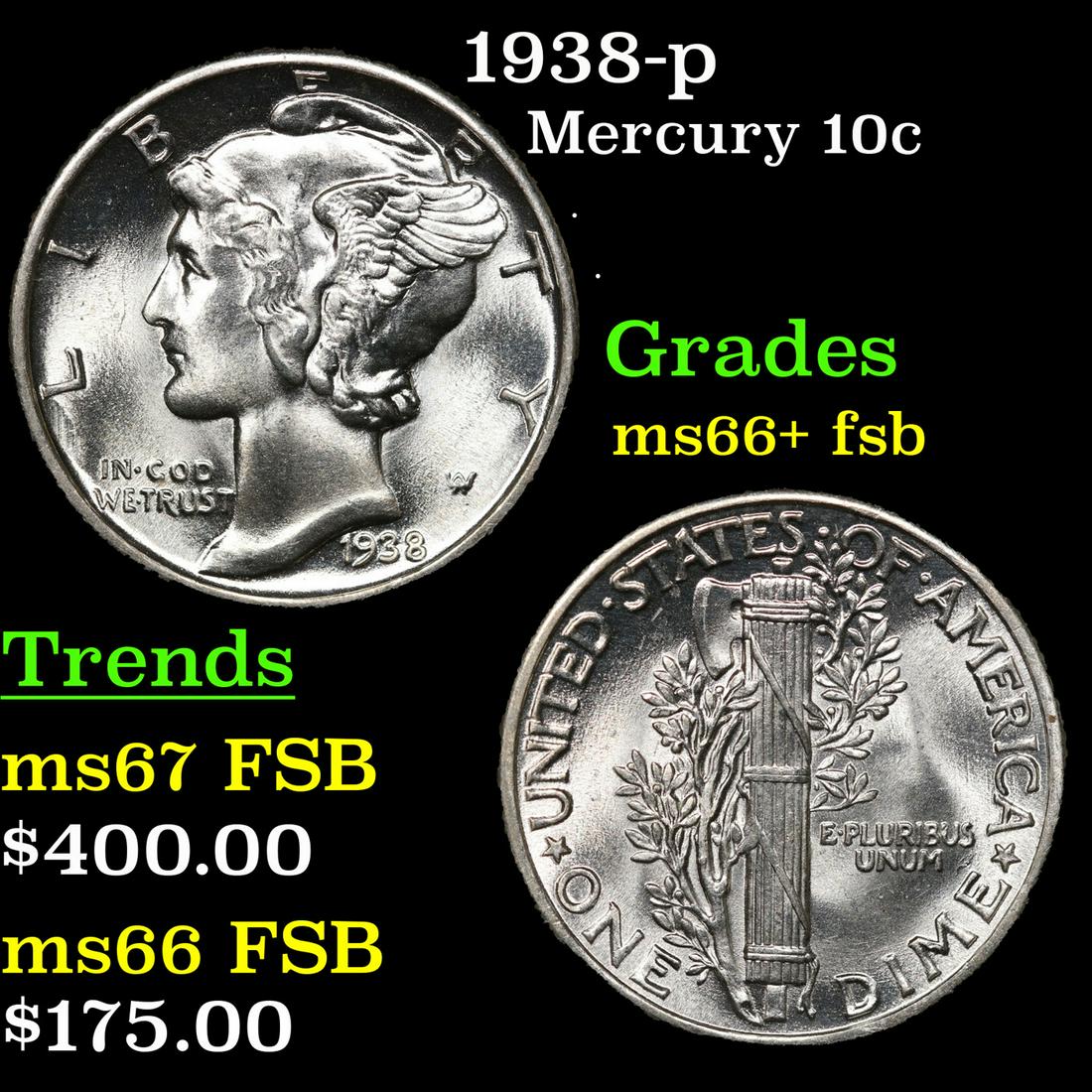 1938-p Mercury Dime 10c Grades GEM++ FSB (1 of 3)
