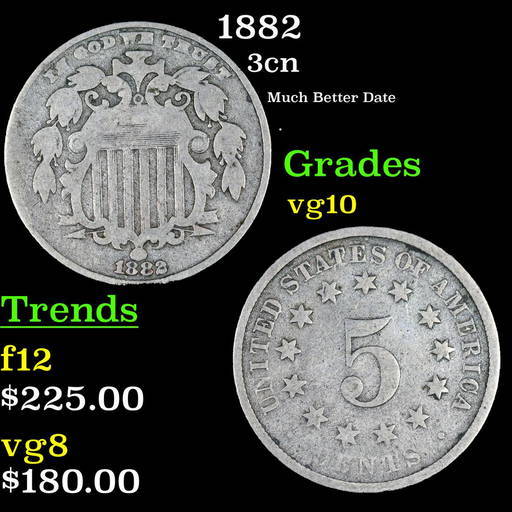 1882 Three Cent Copper Nickel 3cn Grades vg+ (1618) on Jun 01, 2022