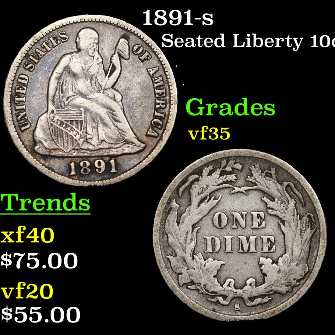 1891-s Seated Liberty Dime 10c Grades vf++ (1 of 3)